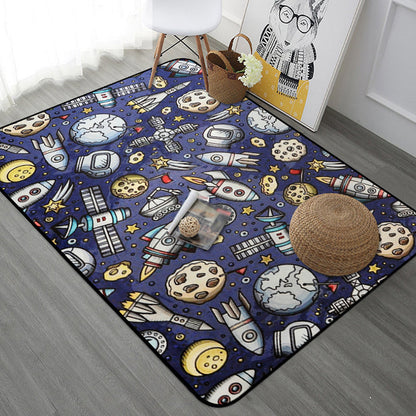 Frendorf | Kinderen Kinderkamer Tapijt in Blauw en Zwart Buitenaardse Ruimte Ruimtevaartuig Planeet Print Tapijt Polyester Machine Wasbaar Gebied Tapijt