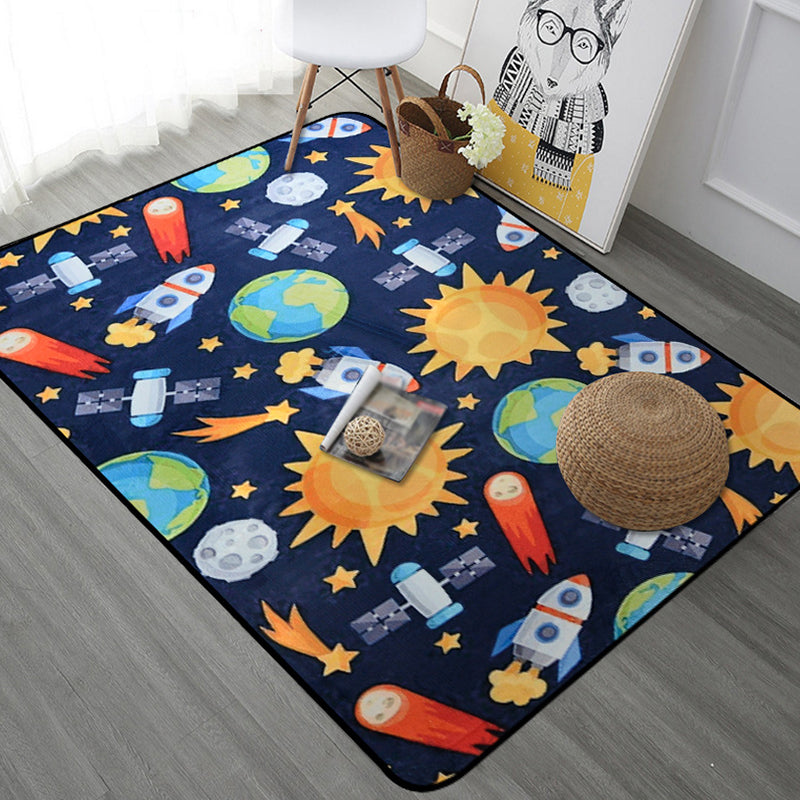 Frendorf | Kinderen Kinderkamer Tapijt in Blauw en Zwart Buitenaardse Ruimte Ruimtevaartuig Planeet Print Tapijt Polyester Machine Wasbaar Gebied Tapijt