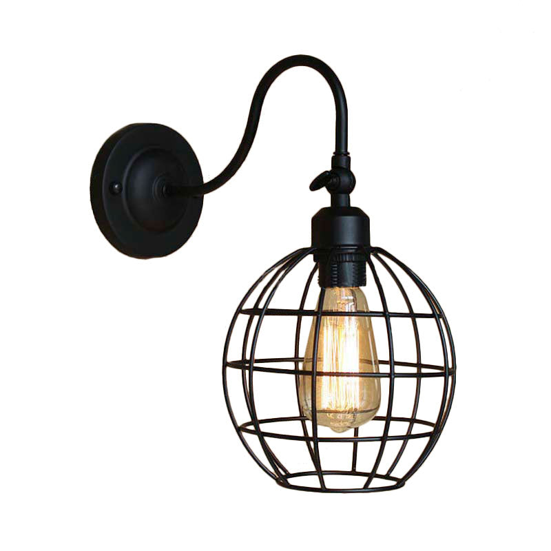 Frendorf | Schwarze Globe/Oval Käfig Wandmontage Licht mit Gooseneck Arm Retro-Stil Metall 1 Kopf Schlafzimmer Mini Wandleuchte