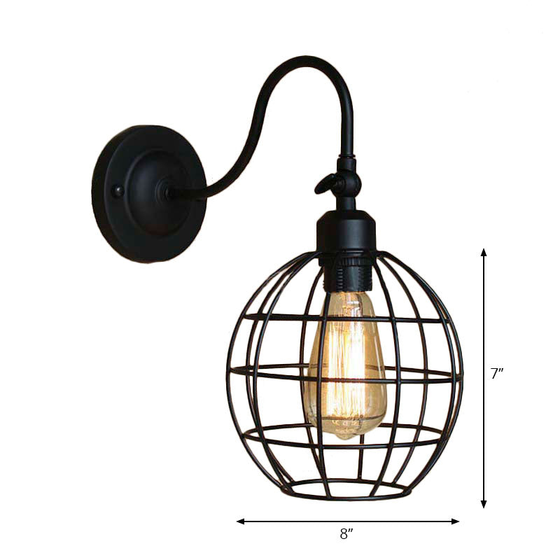 Frendorf | Schwarze Globe/Oval Käfig Wandmontage Licht mit Gooseneck Arm Retro-Stil Metall 1 Kopf Schlafzimmer Mini Wandleuchte