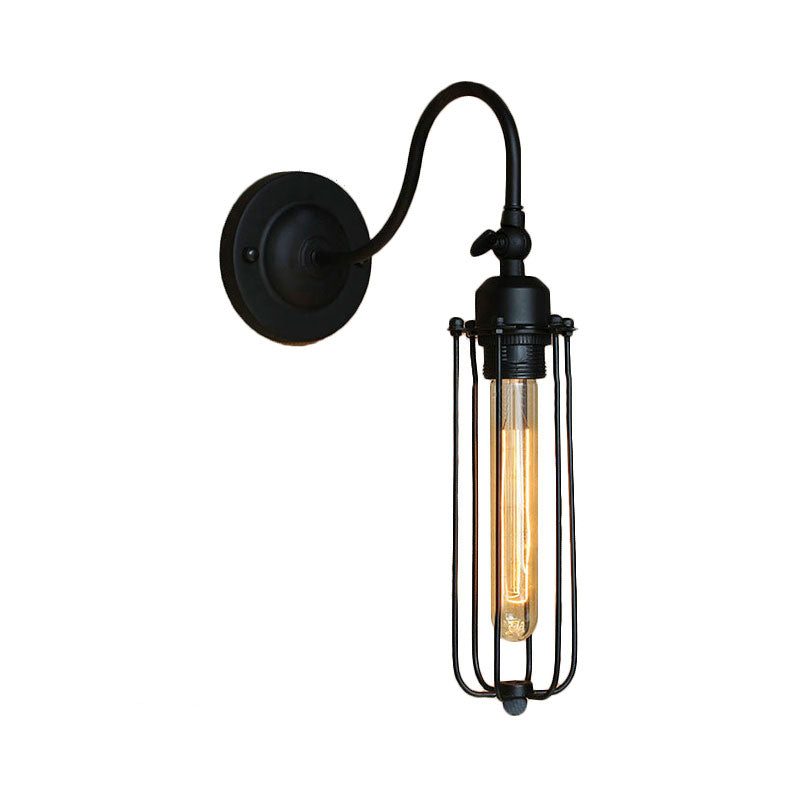 Frendorf | Schwarze Globe/Oval Käfig Wandmontage Licht mit Gooseneck Arm Retro-Stil Metall 1 Kopf Schlafzimmer Mini Wandleuchte