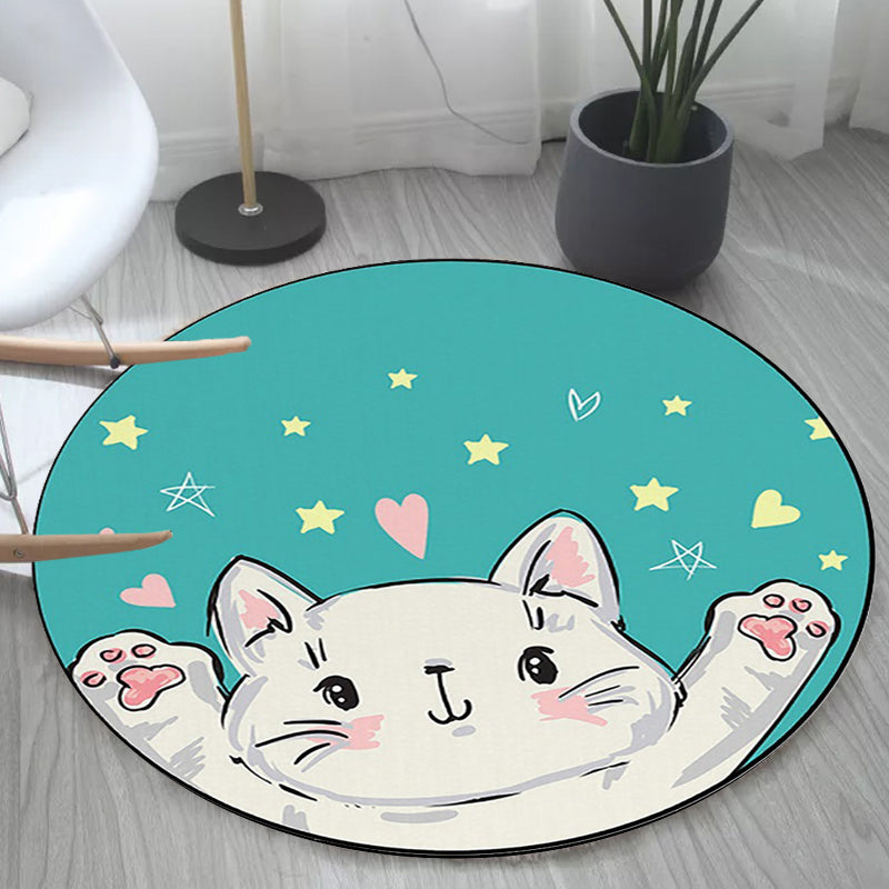 Frendorf | Kinderzimmer Teppich in Grün und Gelb Tier Katze Herz Stern Print Teppich Polyester Fleckenbeständiger Bereichsteppich