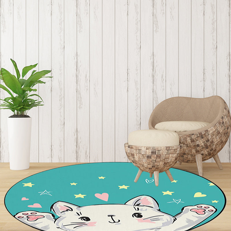 Frendorf | Kinderzimmer Teppich in Grün und Gelb Tier Katze Herz Stern Print Teppich Polyester Fleckenbeständiger Bereichsteppich