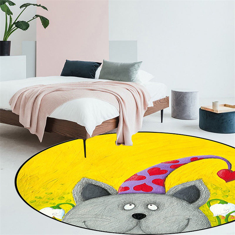 Frendorf | Kinderzimmer Teppich in Grün und Gelb Tier Katze Herz Stern Print Teppich Polyester Fleckenbeständiger Bereichsteppich