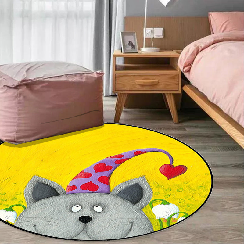 Frendorf | Kinderzimmer Teppich in Grün und Gelb Tier Katze Herz Stern Print Teppich Polyester Fleckenbeständiger Bereichsteppich
