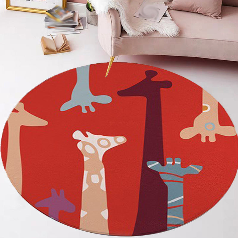 Frendorf | Roter und Gelber Kinderzimmer Teppich Kinder Tier Katze Bär Giraffe Muster Bereichsteppich Polyester Haustierfreundlicher waschbarer Teppich