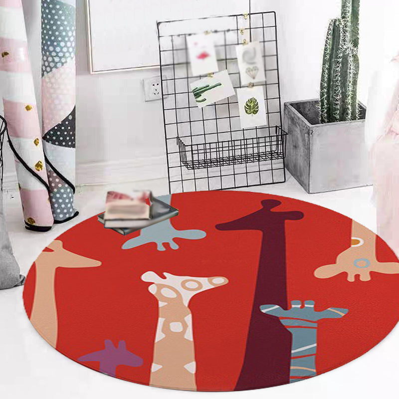 Frendorf | Roter und Gelber Kinderzimmer Teppich Kinder Tier Katze Bär Giraffe Muster Bereichsteppich Polyester Haustierfreundlicher waschbarer Teppich