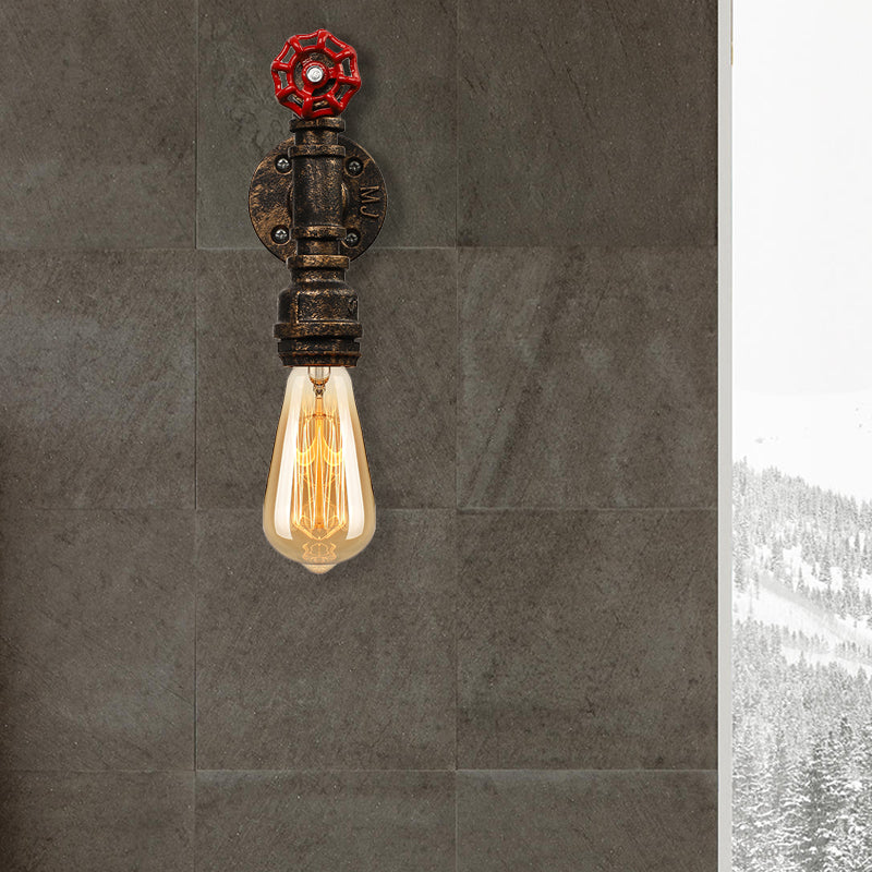 Frendorf | Metallische Bronze Wandleuchte Wasserrohr 1 Licht Bauernhaus Wandbeleuchtung mit rotem Ventil