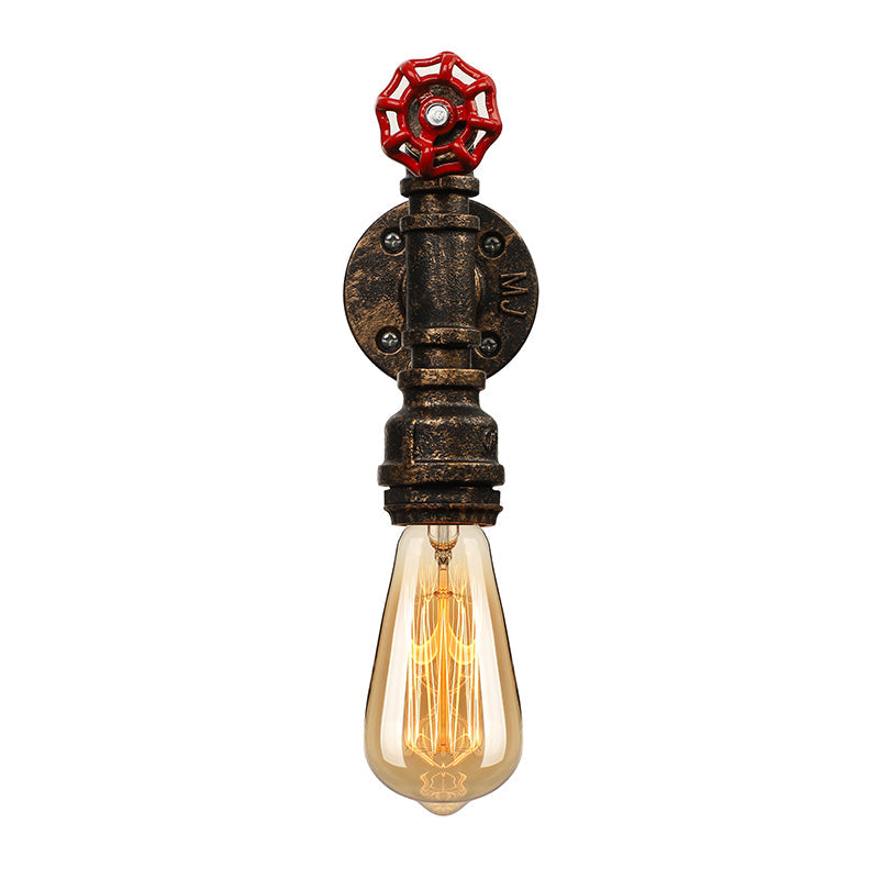 Frendorf | Metallische Bronze Wandleuchte Wasserrohr 1 Licht Bauernhaus Wandbeleuchtung mit rotem Ventil