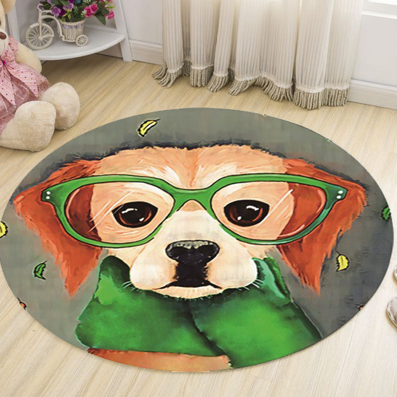 Frendorf | Grau und Grün Kinderzimmer Teppich Kinder Tier Hund Brille Muster Teppich Polyester Rutschfest Maschinenwaschbarer Teppich