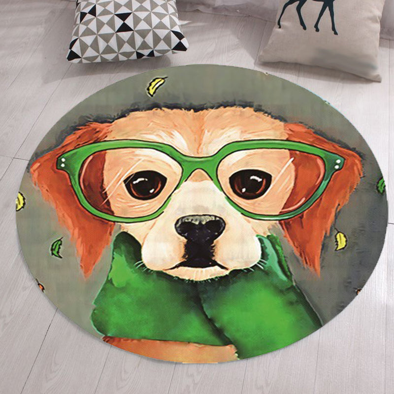 Frendorf | Grau und Grün Kinderzimmer Teppich Kinder Tier Hund Brille Muster Teppich Polyester Rutschfest Maschinenwaschbarer Teppich