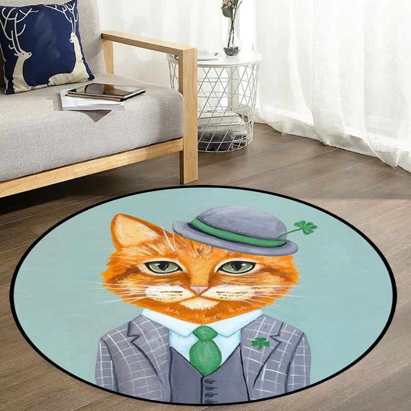 Frendorf | Kinder Schlafzimmer Teppich in Grün und Blau Tier Katze Glasdruck Teppich Polyester Haustierfreundlicher Bereich Teppich