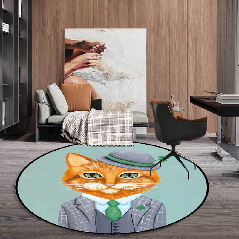 Frendorf | Kinder Schlafzimmer Teppich in Grün und Blau Tier Katze Glasdruck Teppich Polyester Haustierfreundlicher Bereich Teppich