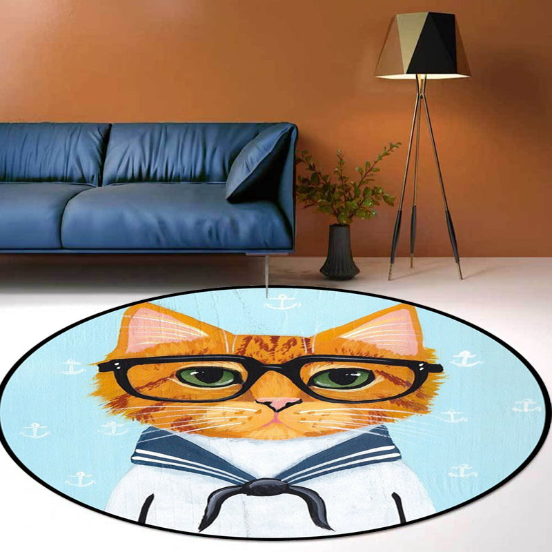 Frendorf | Kinder Schlafzimmer Teppich in Grün und Blau Tier Katze Glasdruck Teppich Polyester Haustierfreundlicher Bereich Teppich