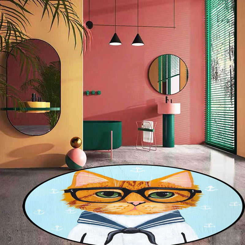 Frendorf | Kinder Schlafzimmer Teppich in Grün und Blau Tier Katze Glasdruck Teppich Polyester Haustierfreundlicher Bereich Teppich