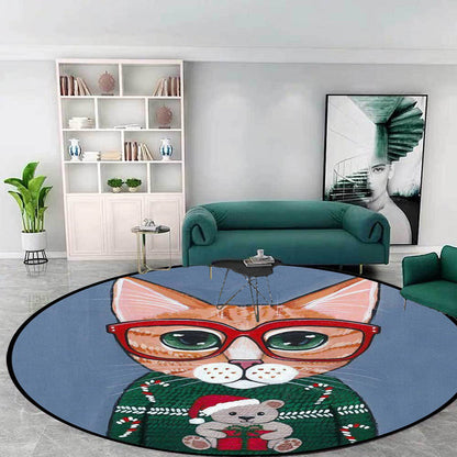 Frendorf | Kinderzimmer Teppich in Grün und Blau Tier Katze Brille Druck Teppich Polyester haustierfreundlicher Teppich
