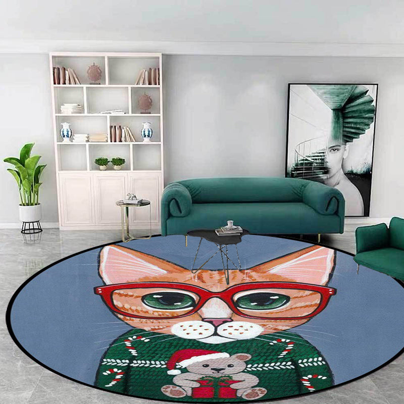 Frendorf | Kinder Schlafzimmer Teppich in Grün und Blau Tier Katze Glasdruck Teppich Polyester Haustierfreundlicher Bereich Teppich