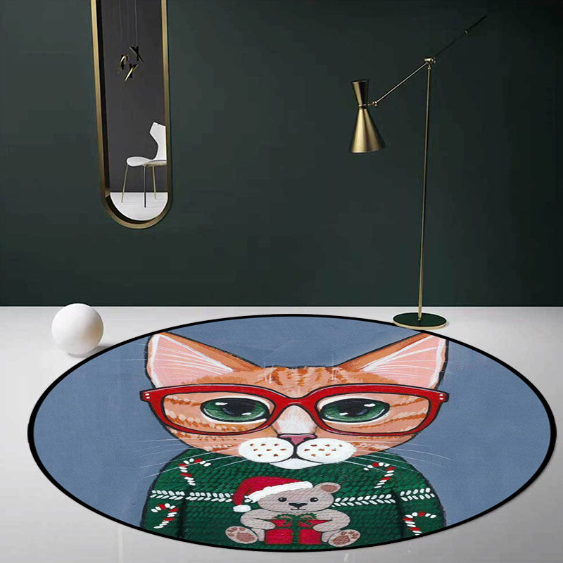 Frendorf | Kinder Schlafzimmer Teppich in Grün und Blau Tier Katze Glasdruck Teppich Polyester Haustierfreundlicher Bereich Teppich
