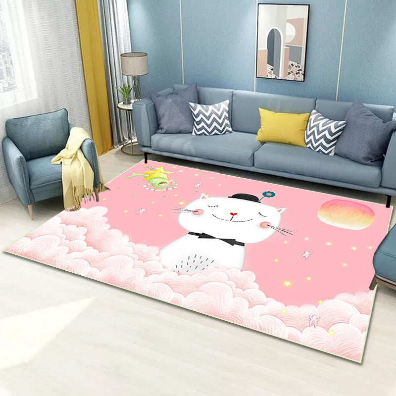 Frendorf | Casual Kids Teppich in Rosa Tier Katze Wolke Muster Teppich Polyester Antirutschrücken Waschbarer Teppich für das Kinderzimmer