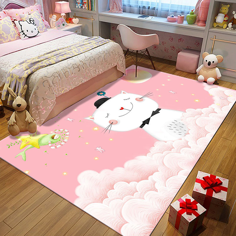 Frendorf | Casual Kids Teppich in Rosa Tier Katze Wolke Muster Teppich Polyester Antirutschrücken Waschbarer Teppich für das Kinderzimmer