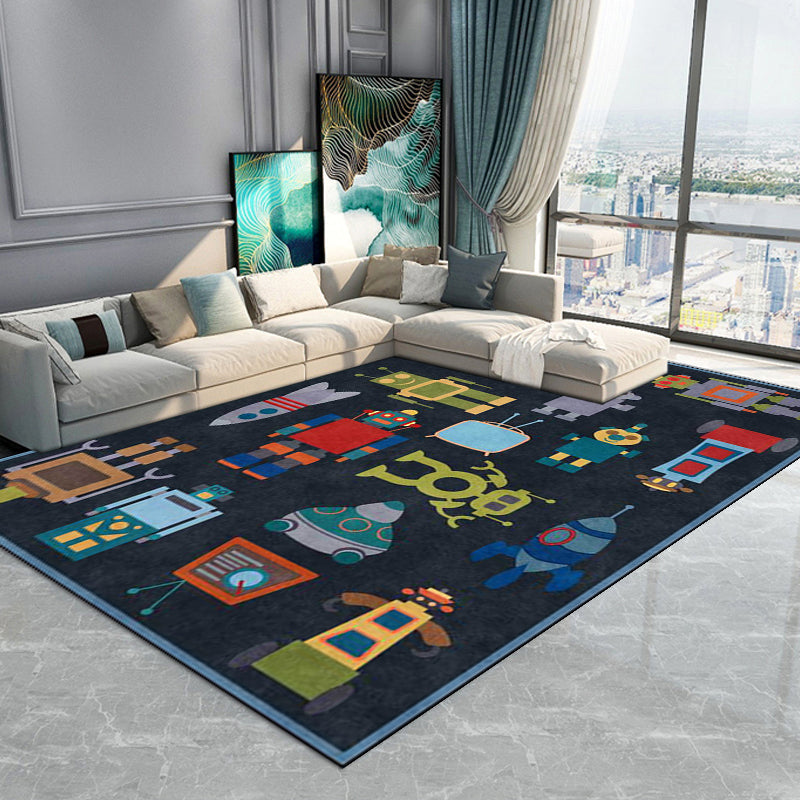 Frendorf | Uniek Kinderen Tapijt in Blauw Buitenaardse Robot Raket Patroon Tapijt Polyester Antislip Ondervloer Tapijt voor Kinderkamer