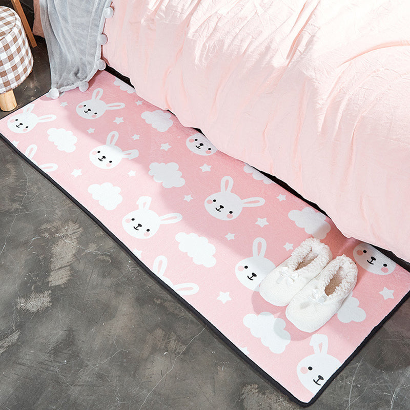 Frendorf | Kindergarten Teppich in Weiß und Pink Tier Bär Kaninchen Schwan Druck Teppich Polyester Fleckenresistenter Teppich