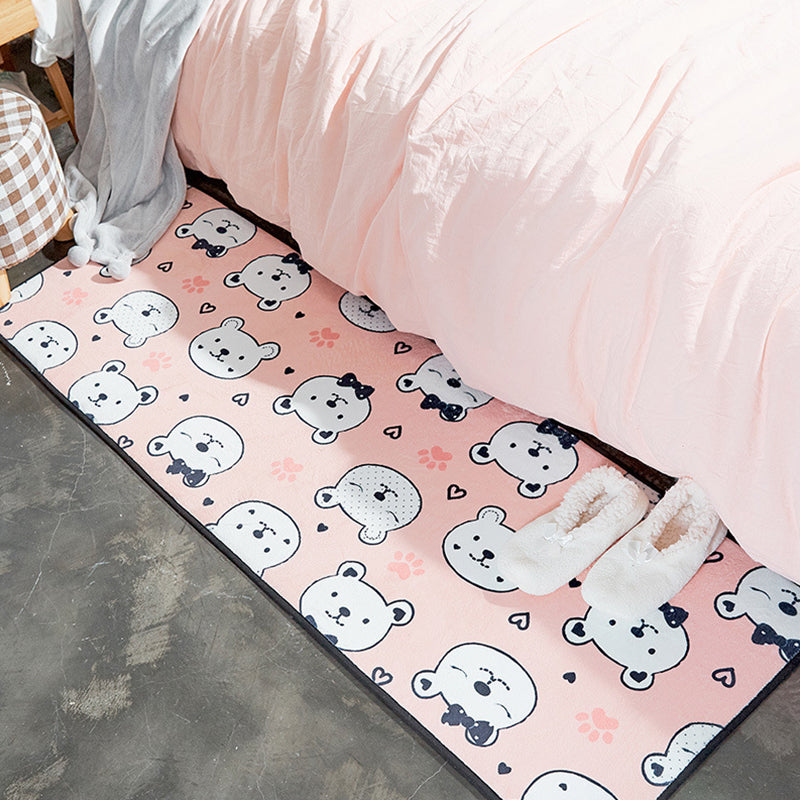 Frendorf | Kindergarten Teppich in Weiß und Pink Tier Bär Kaninchen Schwan Druck Teppich Polyester Fleckenresistenter Teppich