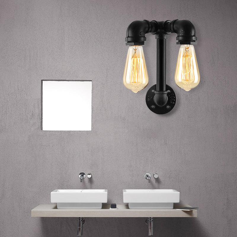 Frendorf | 2 Lichten Wandverlichting met Pijp en Open Gloeilamp Metaal Magazijnstijl Badkamer Wandlamp in Brons/Zwart