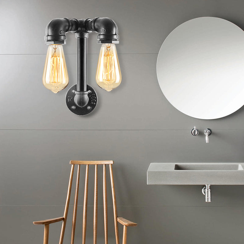 Frendorf | 2 Lichten Wandverlichting met Pijp en Open Gloeilamp Metaal Magazijnstijl Badkamer Wandlamp in Brons/Zwart