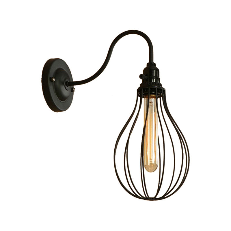Frendorf | Metallische Oval-/Tröpfchen-/Glühbirnen-Wandleuchte mit Drahtschutz Industrie 1 Licht Balkon Wandleuchte montiert in Schwarz
