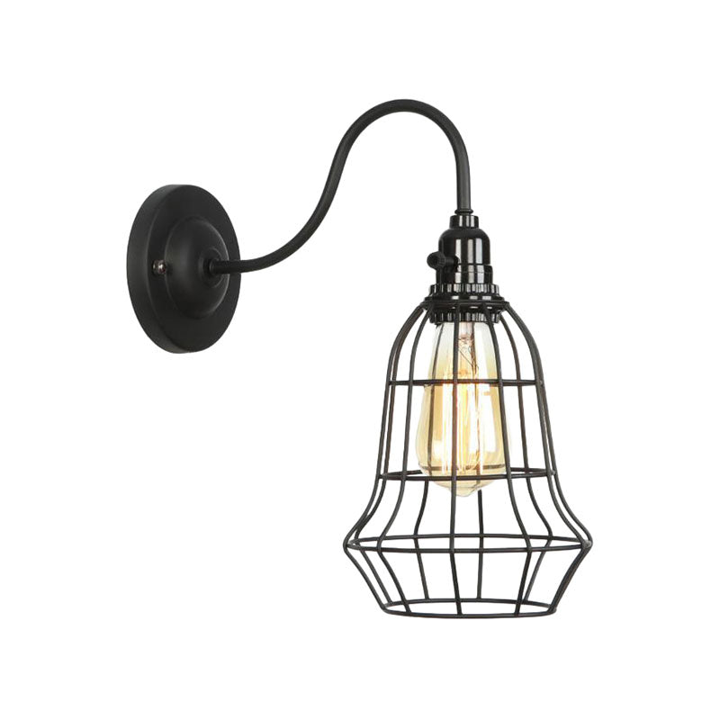 Frendorf | Industrielle Globe/Träne Käfig Wand Sconce Metall 1 Glühbirne Metallische Wandbeleuchtung mit Schwanenhalsarm in Schwarz