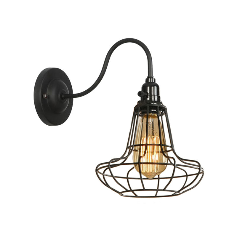 Frendorf | Industrielle Globe/Träne Käfig Wand Sconce Metall 1 Glühbirne Metallische Wandbeleuchtung mit Schwanenhalsarm in Schwarz