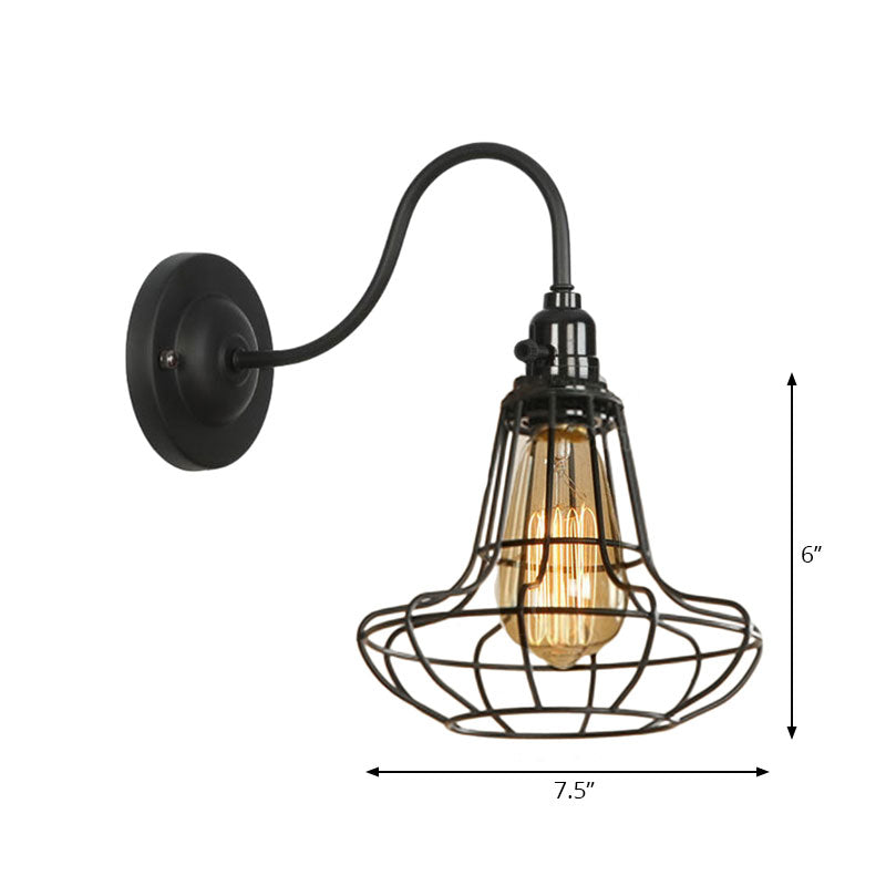 Frendorf | Industrielle Globe/Träne Käfig Wand Sconce Metall 1 Glühbirne Metallische Wandbeleuchtung mit Schwanenhalsarm in Schwarz