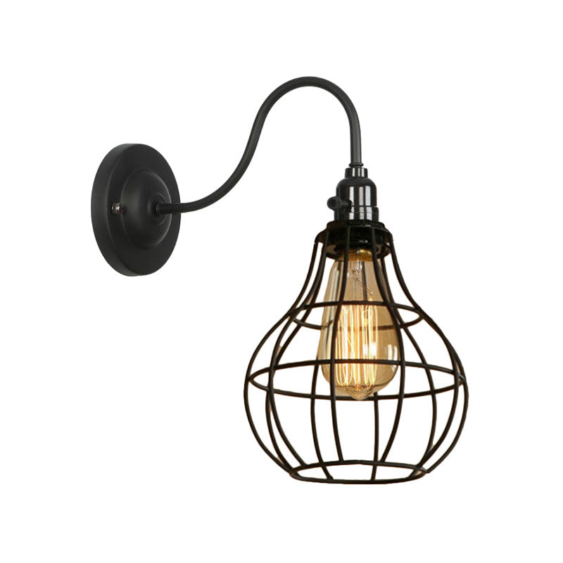 Frendorf | Industrielle Globe/Träne Käfig Wand Sconce Metall 1 Glühbirne Metallische Wandbeleuchtung mit Schwanenhalsarm in Schwarz