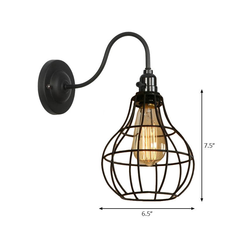 Frendorf | Industrielle Globe/Träne Käfig Wand Sconce Metall 1 Glühbirne Metallische Wandbeleuchtung mit Schwanenhalsarm in Schwarz