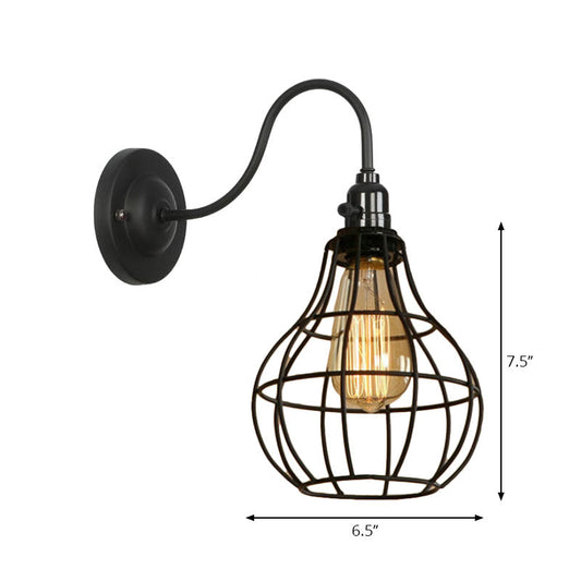 Frendorf | Industrielle Globe/Träne Käfig Wand Sconce Metall 1 Glühbirne Metallische Wandbeleuchtung mit Schwanenhalsarm in Schwarz