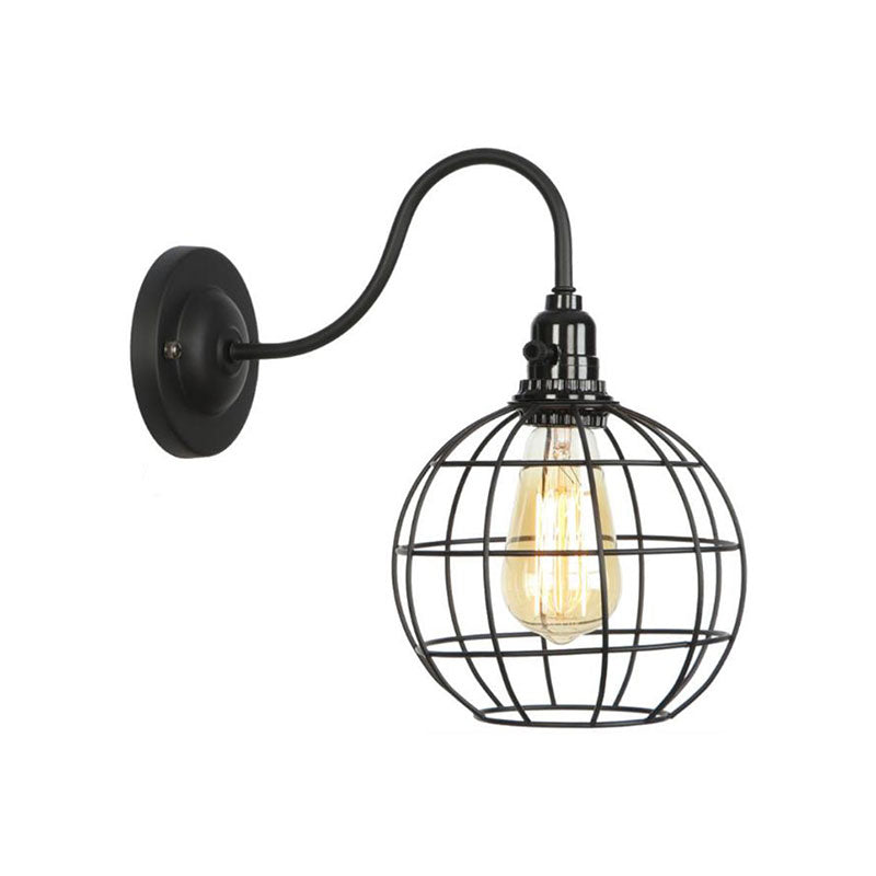 Frendorf | Industrielle Globe/Träne Käfig Wand Sconce Metall 1 Glühbirne Metallische Wandbeleuchtung mit Schwanenhalsarm in Schwarz