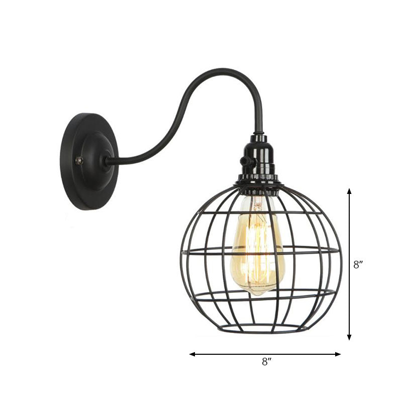 Frendorf | Industrielle Globe/Träne Käfig Wand Sconce Metall 1 Glühbirne Metallische Wandbeleuchtung mit Schwanenhalsarm in Schwarz