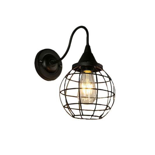 Frendorf | Rustikale Stil Ball Cage Wandbeleuchtung mit Gänneckarm 1 Glühbirne Eisen Wandleuchte in Rost/schwarz Finish