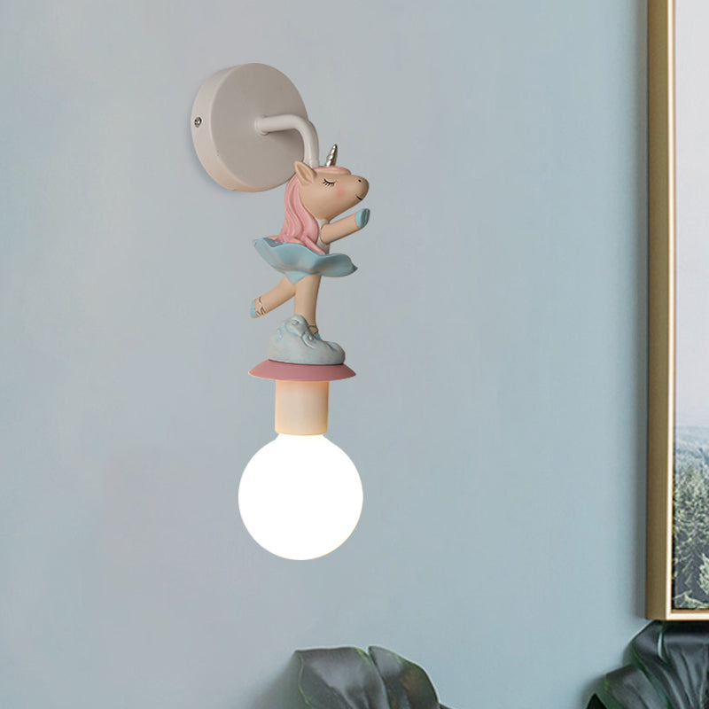 Weiße Ball-Wandlampe Licht Cartoon 1 Kopf Milchglas Wandbeleuchtung mit Elefant/Hirsch/Einhorn Deko