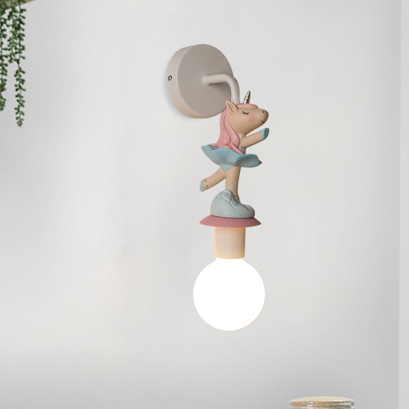 Weiße Ball-Wandlampe Licht Cartoon 1 Kopf Milchglas Wandbeleuchtung mit Elefant/Hirsch/Einhorn Deko