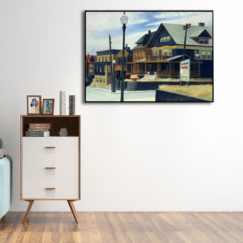 Frendorf | Blaue Vorstadt Häuser Malerei Leinwand Texturierte Oberfläche Wandkunst für Wohnzimmer