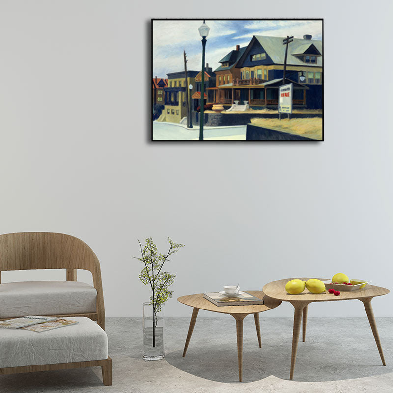 Frendorf | Blaue Vorstadt Häuser Malerei Leinwand Texturierte Oberfläche Wandkunst für Wohnzimmer