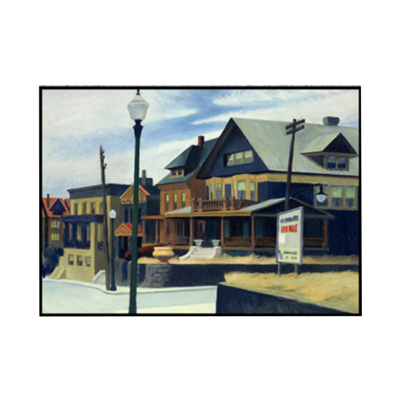 Frendorf | Blaue Vorstadt Häuser Malerei Leinwand Texturierte Oberfläche Wandkunst für Wohnzimmer