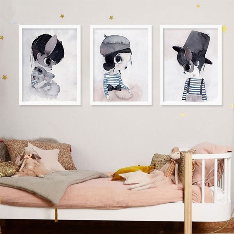 Cartoon Kaninchen Malerei Leinwand Schwarzer Texturierter Wandkunstdruck für Kinderzimmer