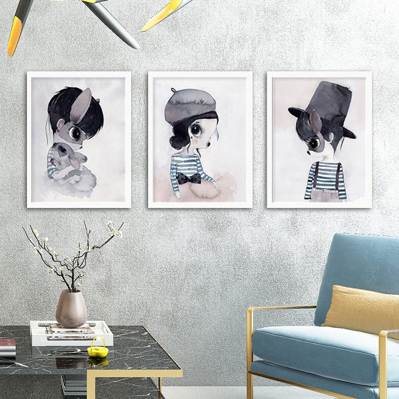 Cartoon Kaninchen Malerei Leinwand Schwarzer Texturierter Wandkunstdruck für Kinderzimmer