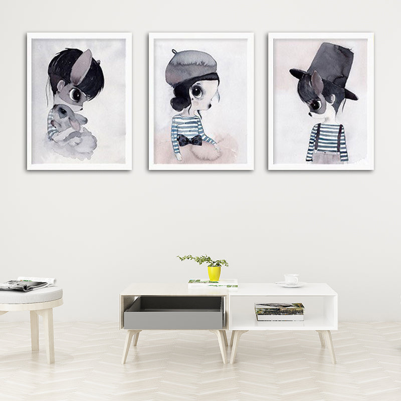 Cartoon Kaninchen Malerei Leinwand Schwarzer Texturierter Wandkunstdruck für Kinderzimmer