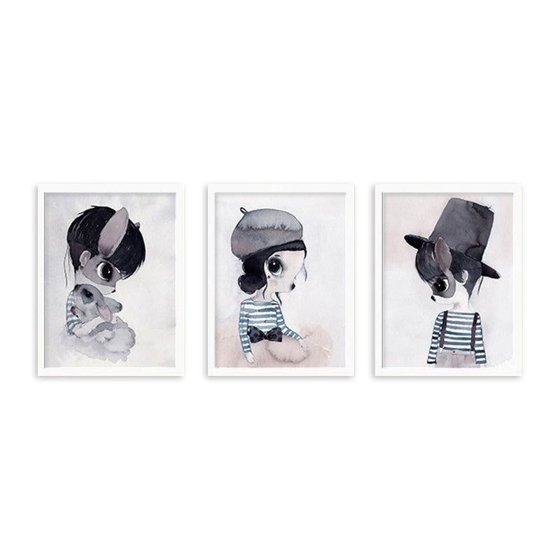 Cartoon Kaninchen Malerei Leinwand Schwarzer Texturierter Wandkunstdruck für Kinderzimmer
