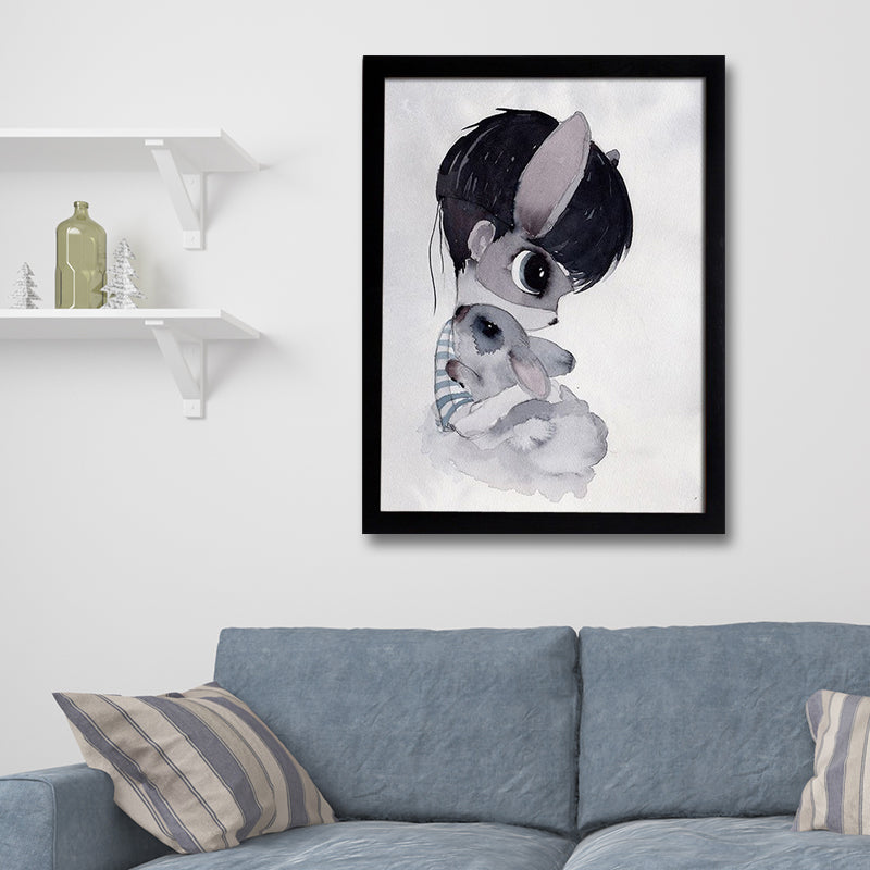 Cartoon Kaninchen Malerei Leinwand Schwarzer Texturierter Wandkunstdruck für Kinderzimmer