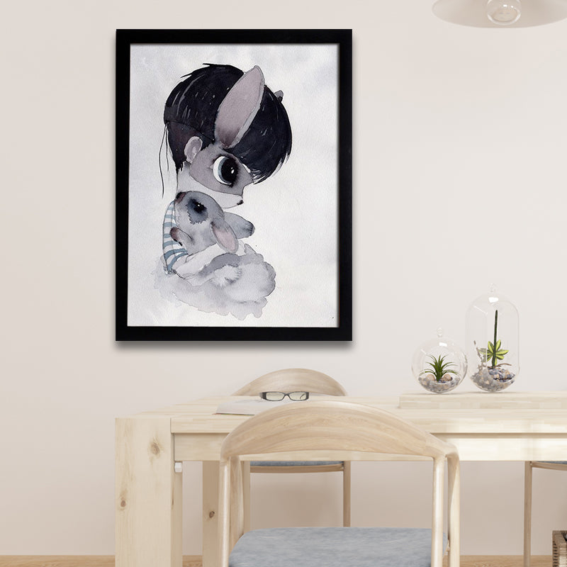Cartoon Kaninchen Malerei Leinwand Schwarzer Texturierter Wandkunstdruck für Kinderzimmer